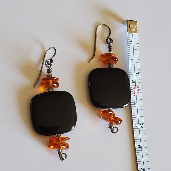 Vtg. Old Sterling Silver Black Onyx  & Amber Earrings - Picture 4 of 6